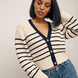 Reformation Cordelia Sweater - Striped Cream and Navy Cardigan Sweater